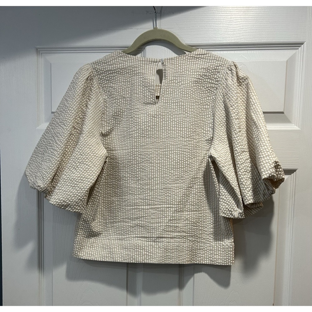 JOE'S Cotton Seersucker Puff Sleeve Top In Khaki White Stripe Size Medium - Picture 2 of 8